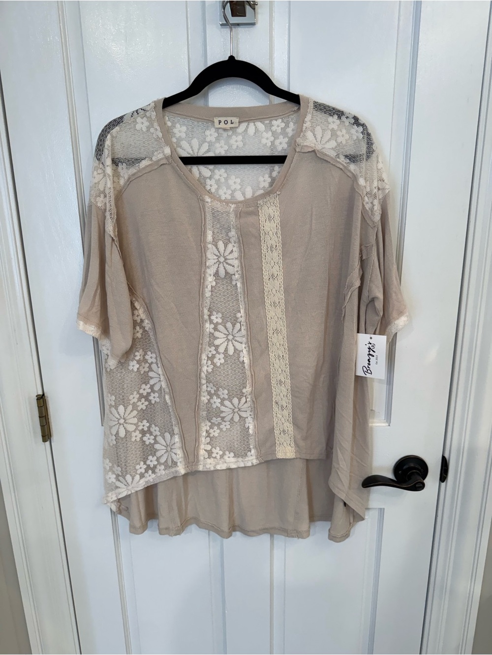 POL Beige Floral Lace-Panel Tunic Top NWT